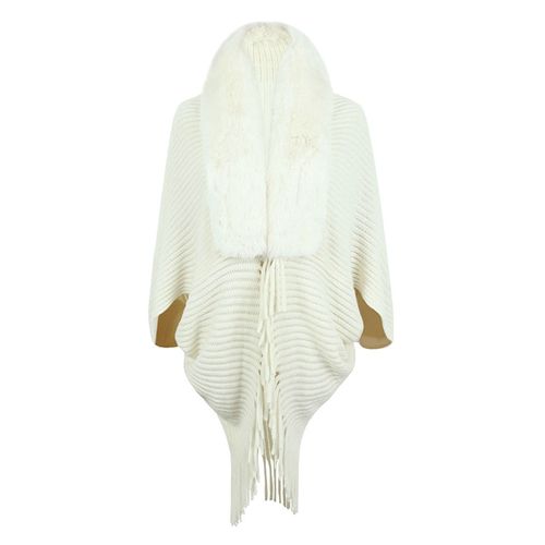 Femmes Hiver Châle Tricoté Épais En Peluche Gland Point Ouvert Cardigan Fausse Fourrure Couleur Unie Protection Du Cou Coupe-Vent Ponchos Fête Bal Cape-Beige