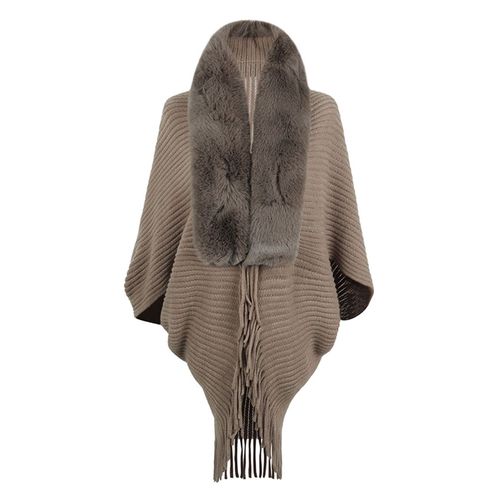 Femmes Hiver Châle Tricoté Épais En Peluche Gland Point Ouvert Cardigan Fausse Fourrure Couleur Unie Protection Du Cou Coupe-Vent Ponchos Fête Bal Cape-Kaki