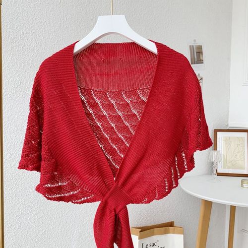 Châle Ajouré En Tricot Pour Femmes, Confortable Et Chaud, Couleur Unie, À Lacets, Léger, Chauffe-Épaules, Accessoires De Costume-Rouge