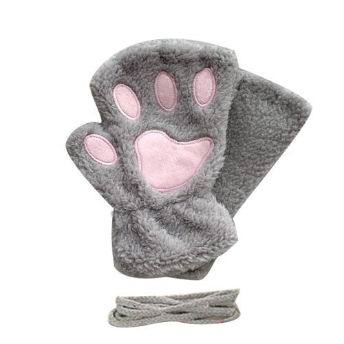 Hiver Fille Mignon Ours Chats Griffe Cachemire Cou Suspendu Demi Doigt Gants Mitaines-Gris Clair