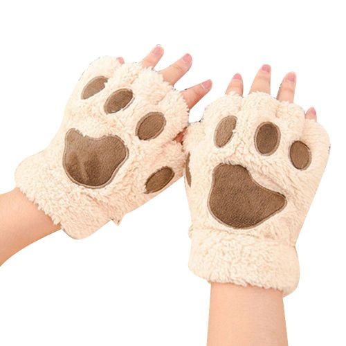 Hiver Fille Mignon Ours Chats Griffe Cachemire Cou Suspendu Demi Doigt Gants Mitaines-Beige