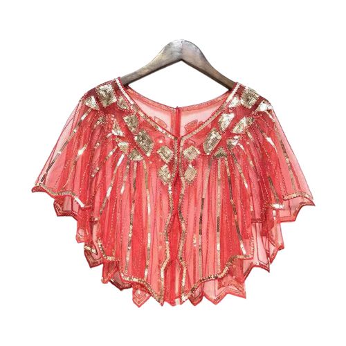 Cape En Dentelle Crochet Pour Femmes, Maille Assortie Avec Tout, Paillettes Perlées, Robe À Clapet, Châle Pour Fête, Été-Rouge Doré
