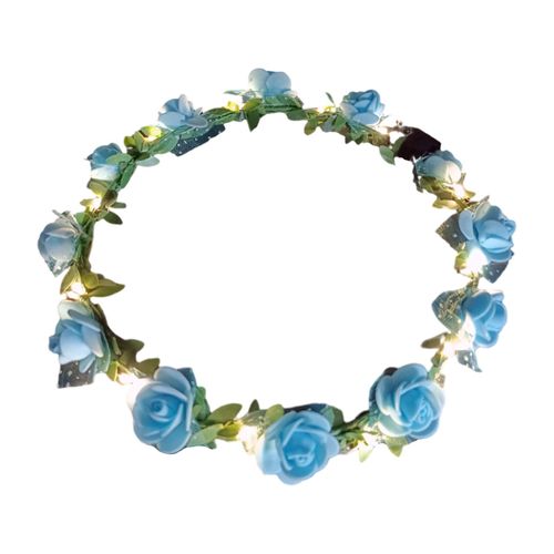 Couronne Lumineuse Romantique À Lumière Led, Bandeau De Fleurs De Roses, Serre-Tête Pour Fête De Mariage, Cadeau D'anniversaire Pour Fille, Guirlande De Cheveux Lumineuse-Bleu