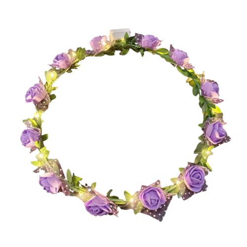 Couronne Lumineuse Romantique À Lumière Led, Bandeau De Fleurs De Roses, Serre-Tête Pour Fête De Mariage, Cadeau D'anniversaire Pour Fille, Guirlande De Cheveux Lumineuse-Violet