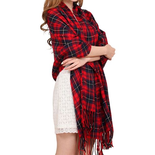 Femmes Hiver Coloré Plaid Imprimé Écharpe Gland Garniture Imitation Cachemire Épais Châle Élégant Grande Longue Écharpe Chaude Accessoires De Mode-Rouge Foncé