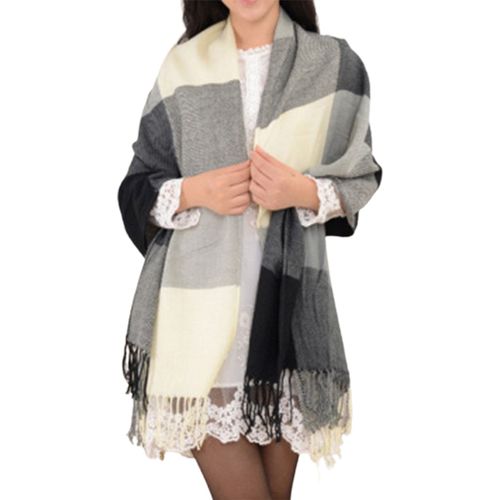 Femmes Hiver Coloré Plaid Imprimé Écharpe Gland Garniture Imitation Cachemire Épais Châle Élégant Grande Longue Écharpe Chaude Accessoires De Mode-Noir Blanc