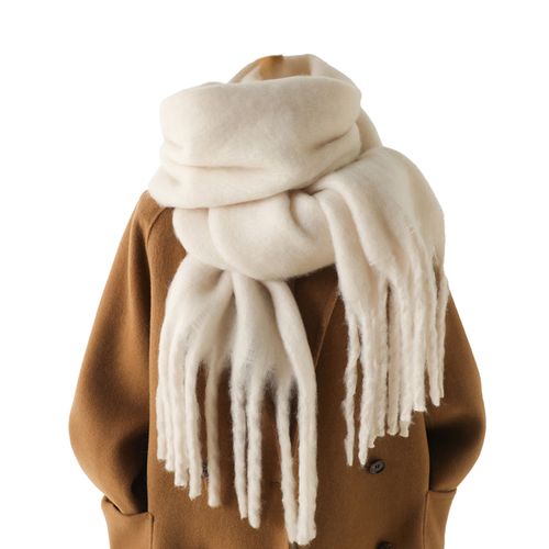 Écharpe Élastique Épaisse Pour Femmes, Couleur Unie, Décor À Pampilles, Chaud, Doux Et Confortable, Protection Du Cou Large Et Long, Châle Unisexe, Automne Et Hiver-Beige