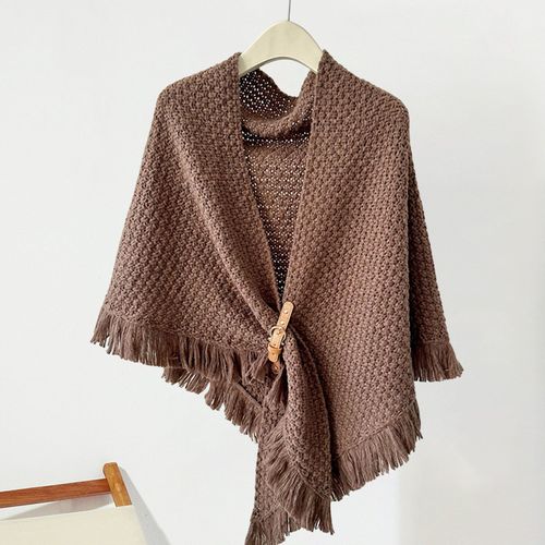 Châle Tricoté Avec Pompon, Décoration, Écharpe Triangulaire De Couleur Unie Avec Boutons, Enveloppe Tricotée Chaude Et Épaisse, Automne Et Hiver-Caramel