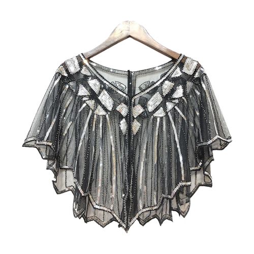 Cape En Dentelle Crochet Pour Femmes, Maille Assortie Avec Tout, Paillettes Perlées, Robe À Clapet, Châle Pour Fête, Été-Noir Et Argent