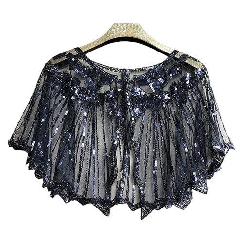 Cape En Dentelle Crochet Pour Femmes, Maille Assortie Avec Tout, Paillettes Perlées, Robe À Clapet, Châle Pour Fête, Été-Noir Et Bleu