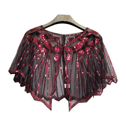 Cape En Dentelle Crochet Pour Femmes, Maille Assortie Avec Tout, Paillettes Perlées, Robe À Clapet, Châle Pour Fête, Été-Noir Et Rouge