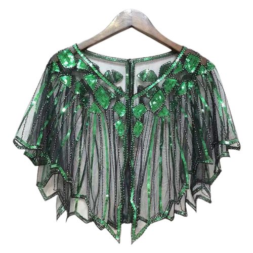 Cape En Dentelle Crochet Pour Femmes, Maille Assortie Avec Tout, Paillettes Perlées, Robe À Clapet, Châle Pour Fête, Été-Vert Et Noir