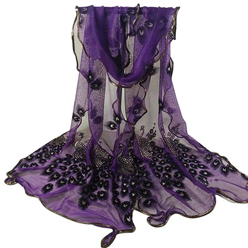 Écharpe Longue En Dentelle Brodée De Fleurs De Paon Pour Femmes, Châle Enveloppant Doux, Étole-Violet Foncé