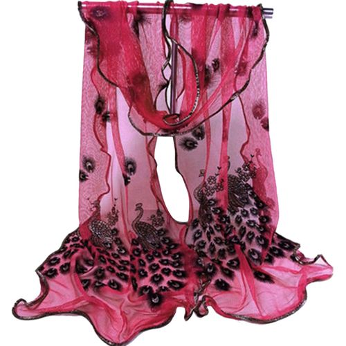 Écharpe Longue En Dentelle Brodée De Fleurs De Paon Pour Femmes, Châle Enveloppant Doux, Étole-Rose-Rouge