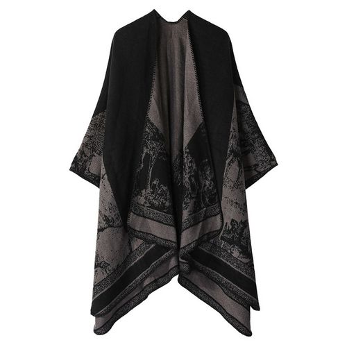 Femmes Cape Style Vintage Grand Chaud Ouvert Devant Irrégulier Épais Lâche Surdimensionné Doux Double Face Imprimé Automne Hiver Cardigan Châle Wrap Poncho Cape-Noir Gris