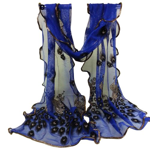 Écharpe Longue En Dentelle Brodée De Fleurs De Paon Pour Femmes, Châle Enveloppant Doux, Étole-Bleu Foncé