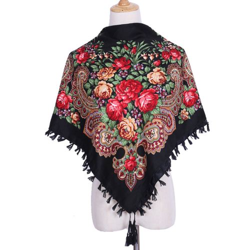 Gland Décor Carré Doux Coupe-Vent Rétro Écharpe Dame Automne Hiver Style Ethnique Imprimé Coton Châle-Noir