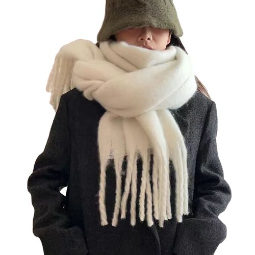 Écharpe D'hiver Épaisse Et Longue Avec Pompon Pour Femme, Couleur Unie, Confortable, Coupe-Vent, Résistante Au Froid, Douce, Décorative, Pour Le Cou-Blanc Chaud