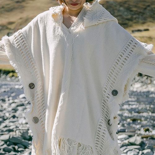 Pull À Capuche Imitation Cachemire, Châle Avec Glands Et Boutons, Style Ethnique Rétro, Cape Pour Femme, Automne Hiver, Tricot-Blanc
