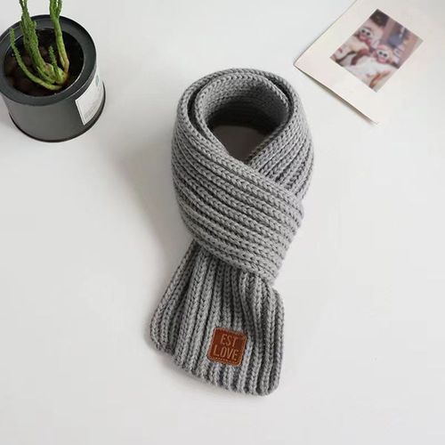 Écharpe Tricotée Pour Enfants, Couleur Unie, Épaisse, Chaude, Style Tricoté, Avec Étiquette En Faux Cuir, Polyvalente, Usage Quotidien-Gris