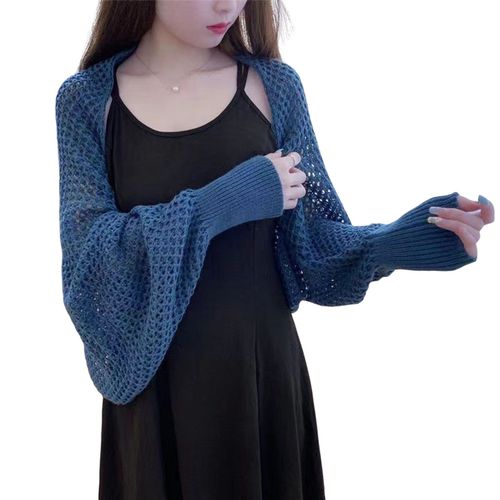 Châle Tricoté D'été Chauve-Souris À Manches Longues, Manteau Fin Ouvert Sur Le Devant, Couleur Unie, Protection Solaire, Manteau Polyvalent-Bleu