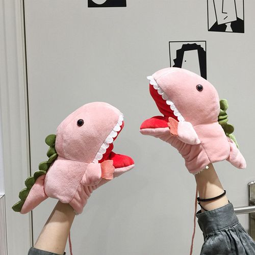Gants À Main De Dinosaure, 1 Paire, Tissu Réaliste De Dessin Animé, Bouche Mobile Ouverte, Jouets De Marionnettes Pour Enfants-Rose