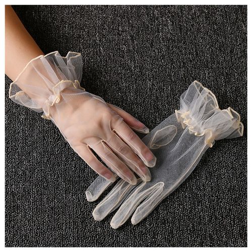 Gants De Mariage Transparents Pour Femmes, Ultra-Fins, Froncés, À Volants, En Dentelle, Doigts Complets, Pour Bal De Promo, Cocktail, Spectacle Sur Scène, Gants De Mariée-Champagne