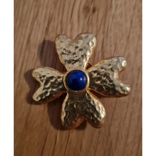 Broche Vintage Fleur Dorée Et Bleu Fantaisie