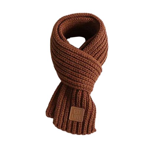Écharpe Tricotée Pour Enfants, Couleur Unie, Épaisse, Chaude, Style Tricoté, Avec Étiquette En Faux Cuir, Polyvalente, Usage Quotidien-Café