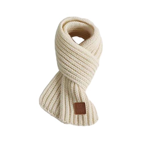 Écharpe Tricotée Pour Enfants, Couleur Unie, Épaisse, Chaude, Style Tricoté, Avec Étiquette En Faux Cuir, Polyvalente, Usage Quotidien-Beige