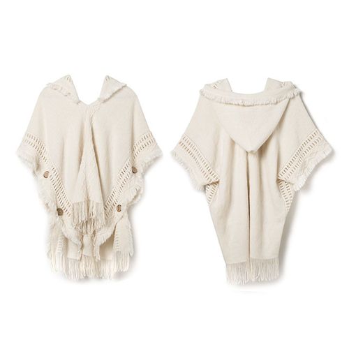 Pull À Capuche Imitation Cachemire, Châle Avec Glands Et Boutons, Style Ethnique Rétro, Cape Pour Femme, Automne Hiver, Tricot-Beige