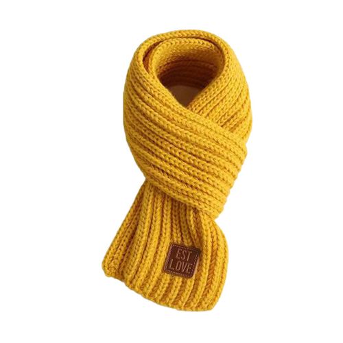 Écharpe Tricotée Pour Enfants, Couleur Unie, Épaisse, Chaude, Style Tricoté, Avec Étiquette En Faux Cuir, Polyvalente, Usage Quotidien-Jaune