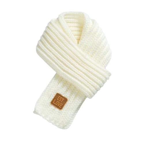Écharpe Tricotée Pour Enfants, Couleur Unie, Épaisse, Chaude, Style Tricoté, Avec Étiquette En Faux Cuir, Polyvalente, Usage Quotidien-Blanc