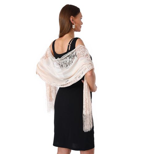 Châle En Dentelle De Couleur Unie Avec Pompon Pour Femmes, Écharpe Fine, Jupe Enveloppante, Pour Soirée, Banquets Et Événements-Beige