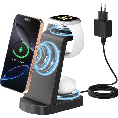 anwxai-Chargeur Induction,Station De Charge Sans Fil 3 En 1 (Avec Adaptateur 18W) Station De Charge Compatible Avec Iphone 16/15/14/13/12 Pro/Promax,Apple Watch Ultra/10/9/8/7/6/5/4/Se,Airpods Pro Noir