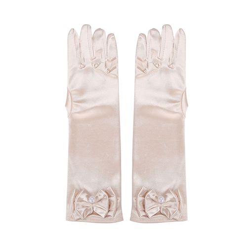 1 Paire De Gants De Performance Pour Enfants, Décor De N?ud En Fausses Perles, Couleur Unie, Doigts Complets, Gants De Filles En Satin À Fleurs, Gants De Cosplay De Style Princesse-Champagne