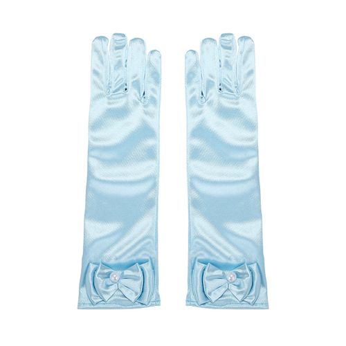 1 Paire De Gants De Performance Pour Enfants, Décor De N?ud En Fausses Perles, Couleur Unie, Doigts Complets, Gants De Filles En Satin À Fleurs, Gants De Cosplay De Style Princesse-Bleu Clair