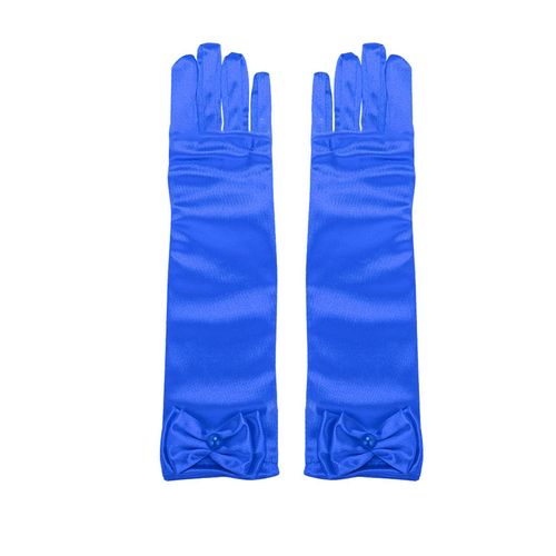 1 Paire De Gants De Performance Pour Enfants, Décor De N?ud En Fausses Perles, Couleur Unie, Doigts Complets, Gants De Filles En Satin À Fleurs, Gants De Cosplay De Style Princesse-Bleu Roi