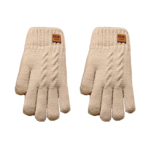 1 Paire De Gants Tricotés De Couleur Unie Pour Femmes, Motif Loge, Double Couche, Poignets Épais, Gants À Doublure Polaire Pour Écran Tactile, Hiver-Beige