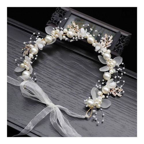Guirlande Pour Enfants, Bandeau Avec Fixation Par Ruban, Décoration De Fleurs Artificielles, Fausses Perles, Coiffure De Princesse Pour Fille-Blanc