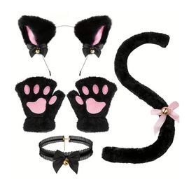 Costume De Chat, Ensemble D'accessoires De Cosplay, Matériel En Peluche, Bandeau D'oreille De Chat, Cloche, Collier, Gants À Griffes, Ensemble De Queue, 4 Pièces/Ensemble-Noir