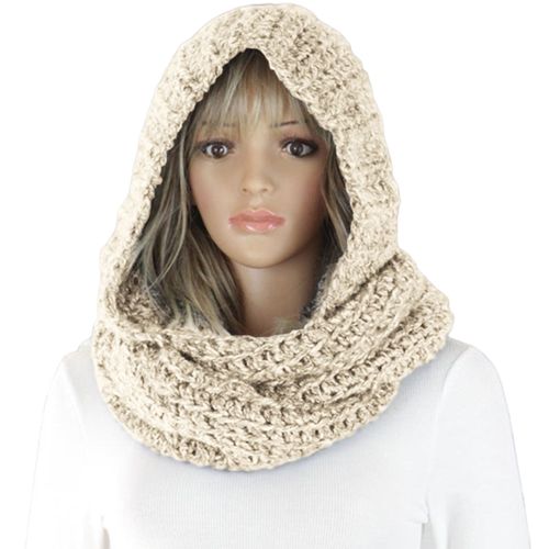 Automne Hiver Femmes Couleur Unie Chaud Tricot Scraf Laine Fil Capuche Casquette Cou Enveloppement-Beige