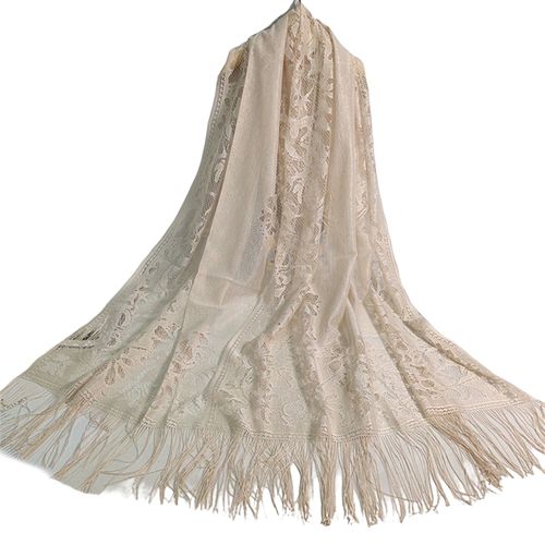Style Ethnique Gland Extra Long Jacquard Femmes Écharpe Dentelle Creuse Cheongsam Châle Accessoires Féminins-Beige