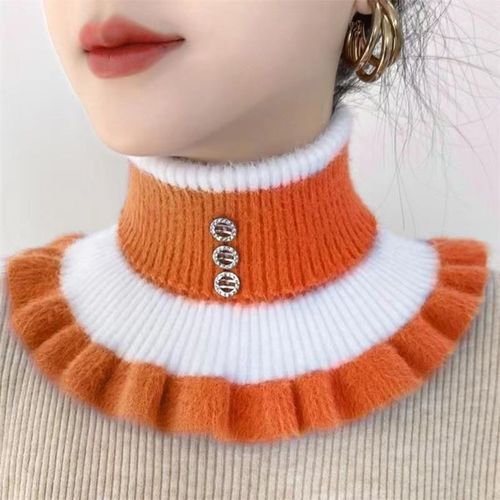 Femmes Hiver Écharpe Faux Col Haut Couleur Correspondant À Volants Strass Décor Tricoté Élastique Chaud Coupe-Vent Protection Du Cou Décoratif Cache-Cou-Orange