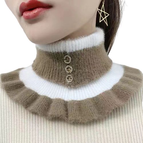 Femmes Hiver Écharpe Faux Col Haut Couleur Correspondant À Volants Strass Décor Tricoté Élastique Chaud Coupe-Vent Protection Du Cou Décoratif Cache-Cou-Chameau