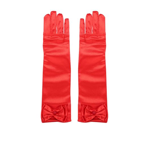 1 Paire De Gants De Performance Pour Enfants, Décor De N?ud En Fausses Perles, Couleur Unie, Doigts Complets, Gants De Filles En Satin À Fleurs, Gants De Cosplay De Style Princesse-Rouge