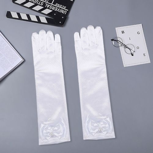 1 Paire De Gants De Performance Pour Enfants, Décor De N?ud En Fausses Perles, Couleur Unie, Doigts Complets, Gants De Filles En Satin À Fleurs, Gants De Cosplay De Style Princesse-Blanc