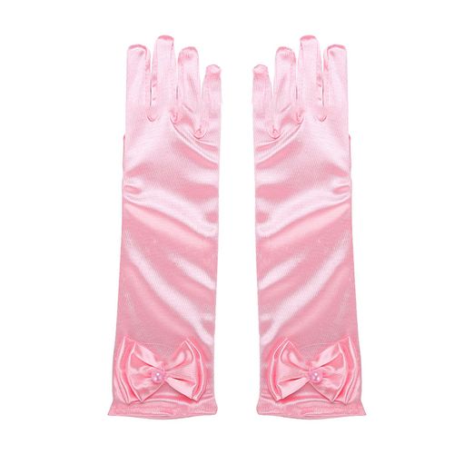 1 Paire De Gants De Performance Pour Enfants, Décor De N?ud En Fausses Perles, Couleur Unie, Doigts Complets, Gants De Filles En Satin À Fleurs, Gants De Cosplay De Style Princesse-Rose