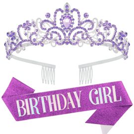 Couronnes Diadème D'anniversaire En Strass Brillant Pour Femmes, Ensemble De Ceintures, Couronne De Princesse Avec Peignes, Décoration De Fête D'anniversaire Pour Filles, 2 Pièces/Ensemble-Violet