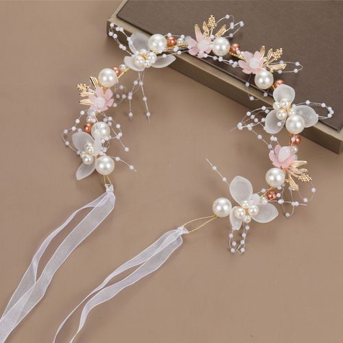 Guirlande Pour Enfants, Bandeau Avec Fixation Par Ruban, Décoration De Fleurs Artificielles, Fausses Perles, Coiffure De Princesse Pour Fille-Rose